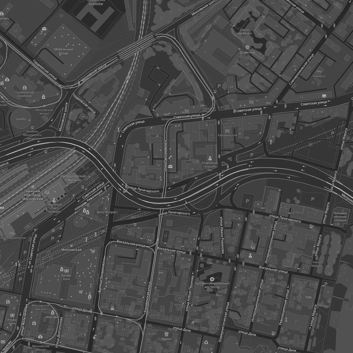 Карта: медиафасад отмечен точкой в центре, Нижний Новгород, ул. Канавинская, 2А