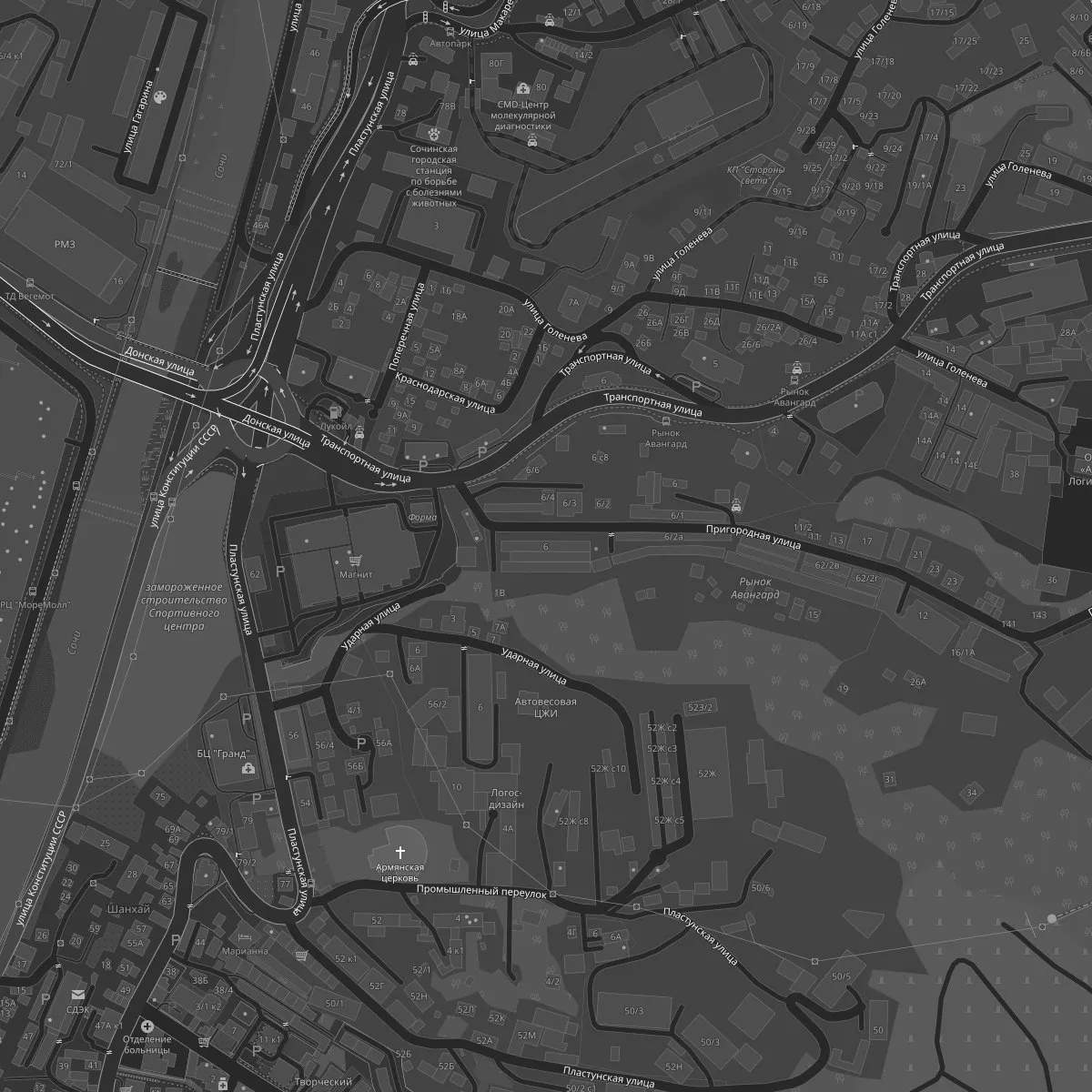 Карта: медиафасад отмечен точкой в центре, Сочи, ул. Пригородная, 6